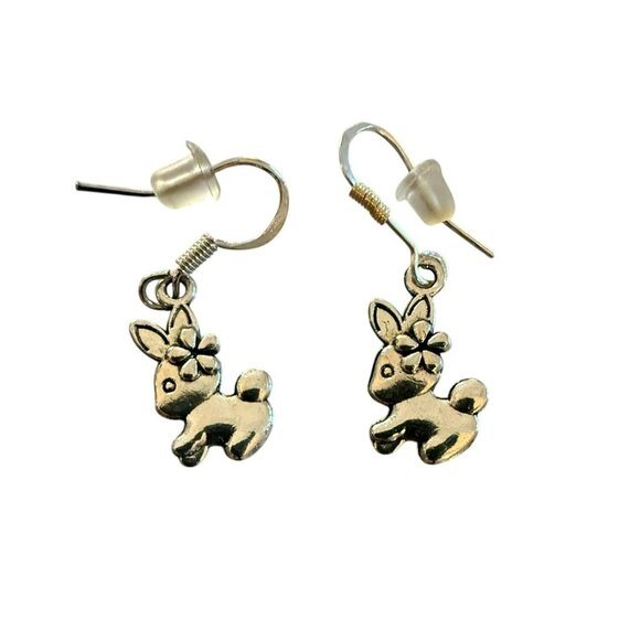 Silver Bunny Dangle Earrings With Flower Accent Easter Bunny - Picture 1 of 2
